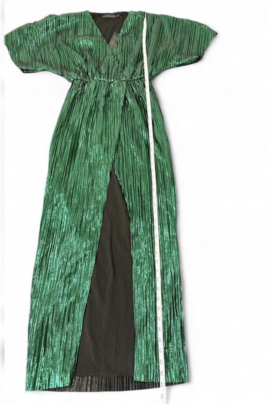 House of Harlow 1960 XS Emerald Green Metallic Pleated Maxi Dress Slit Glam NWT - Picture 7 of 8